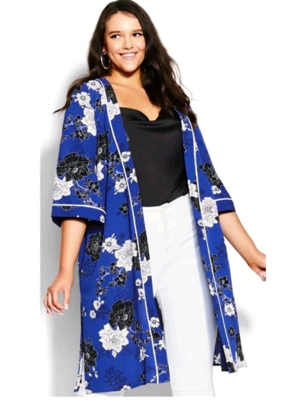 City Chic ✨  La Fleur Floral Kimono Jacket Blue White Black NWT Size 14/16